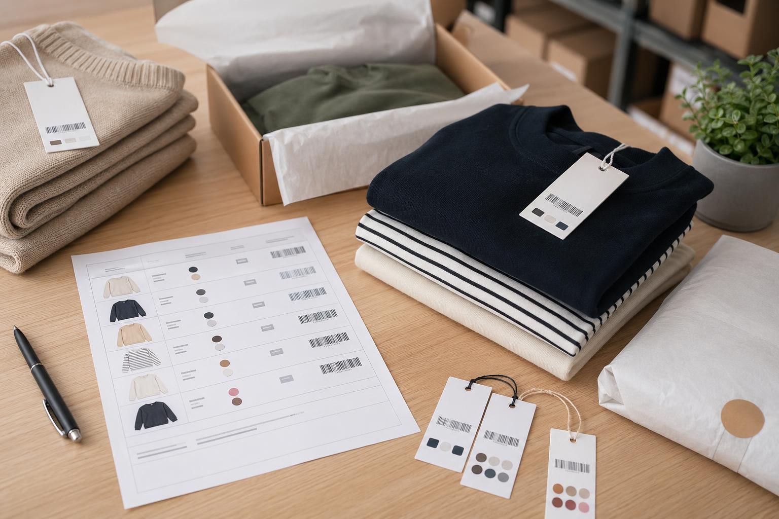 Lista compacta de picking ao lado de peças de roupa com tamanhos e cores diferentes