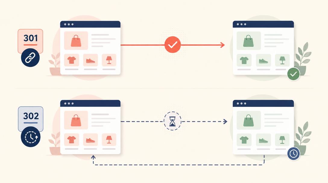Ilustração de redirects 301 e 302 para preservar SEO numa migração de loja online