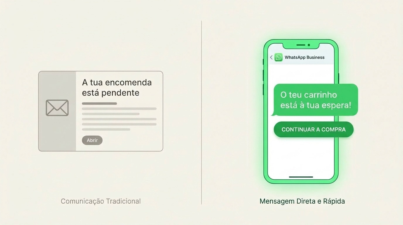 Comparação visual entre email e WhatsApp Business para recuperar a compra
