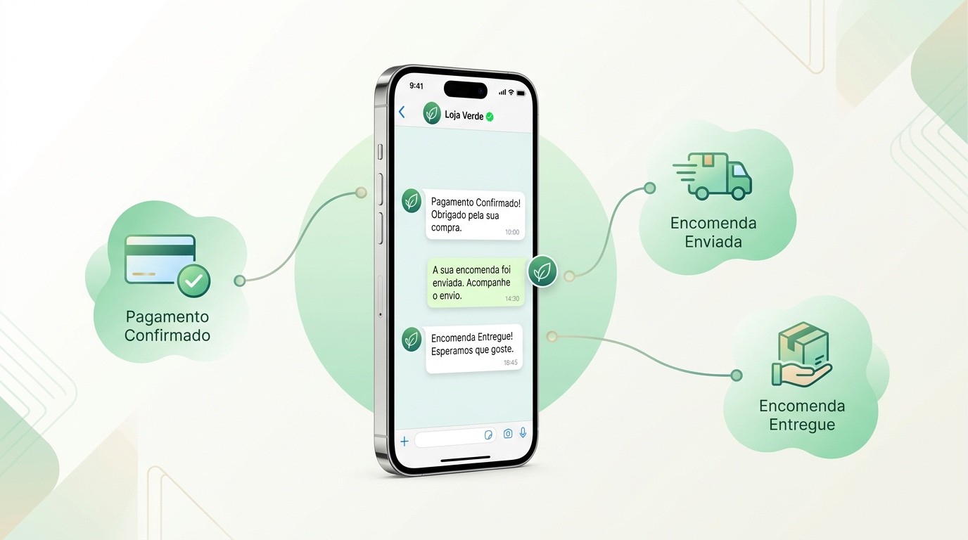 Ilustração editorial com iPhone e mensagens WhatsApp para pagamento, envio e entrega