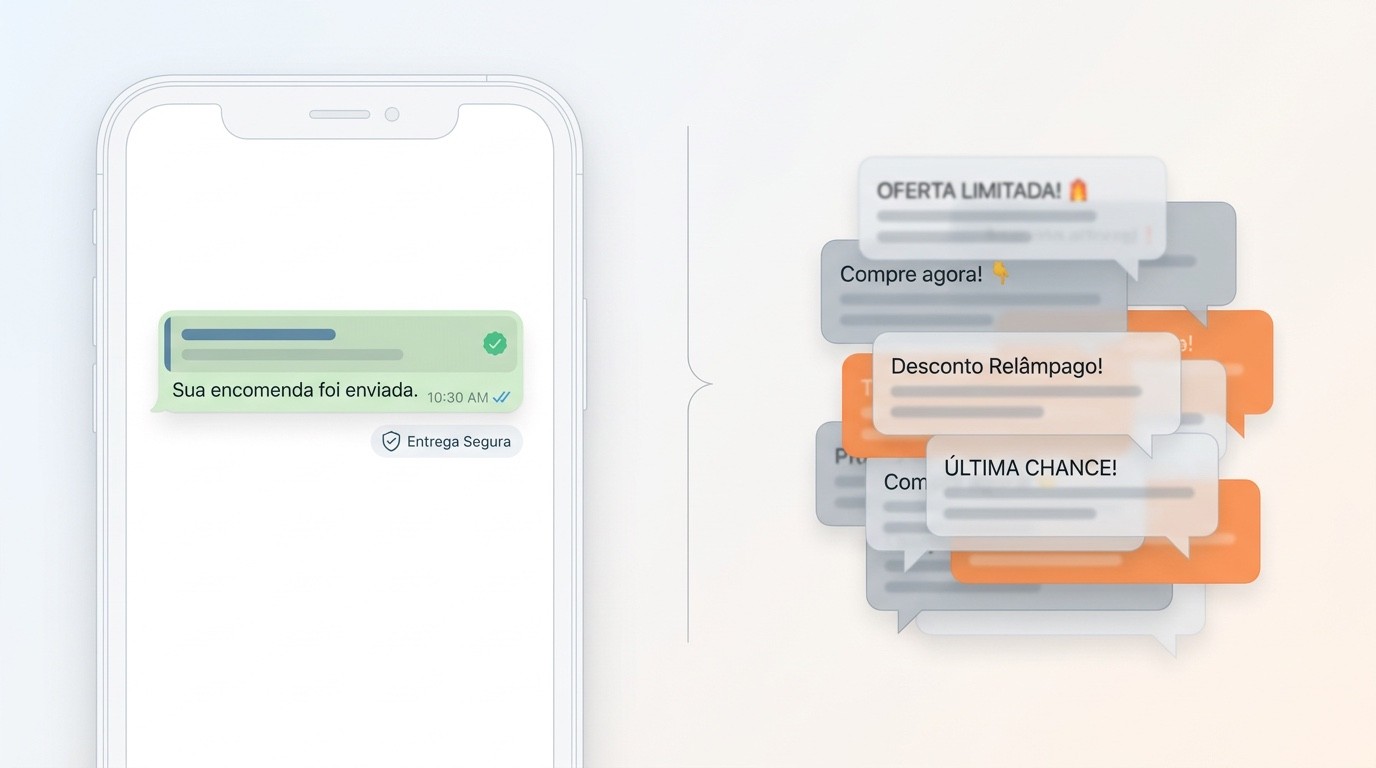 Comparação visual entre uma mensagem útil de WhatsApp e várias mensagens repetidas que parecem spam