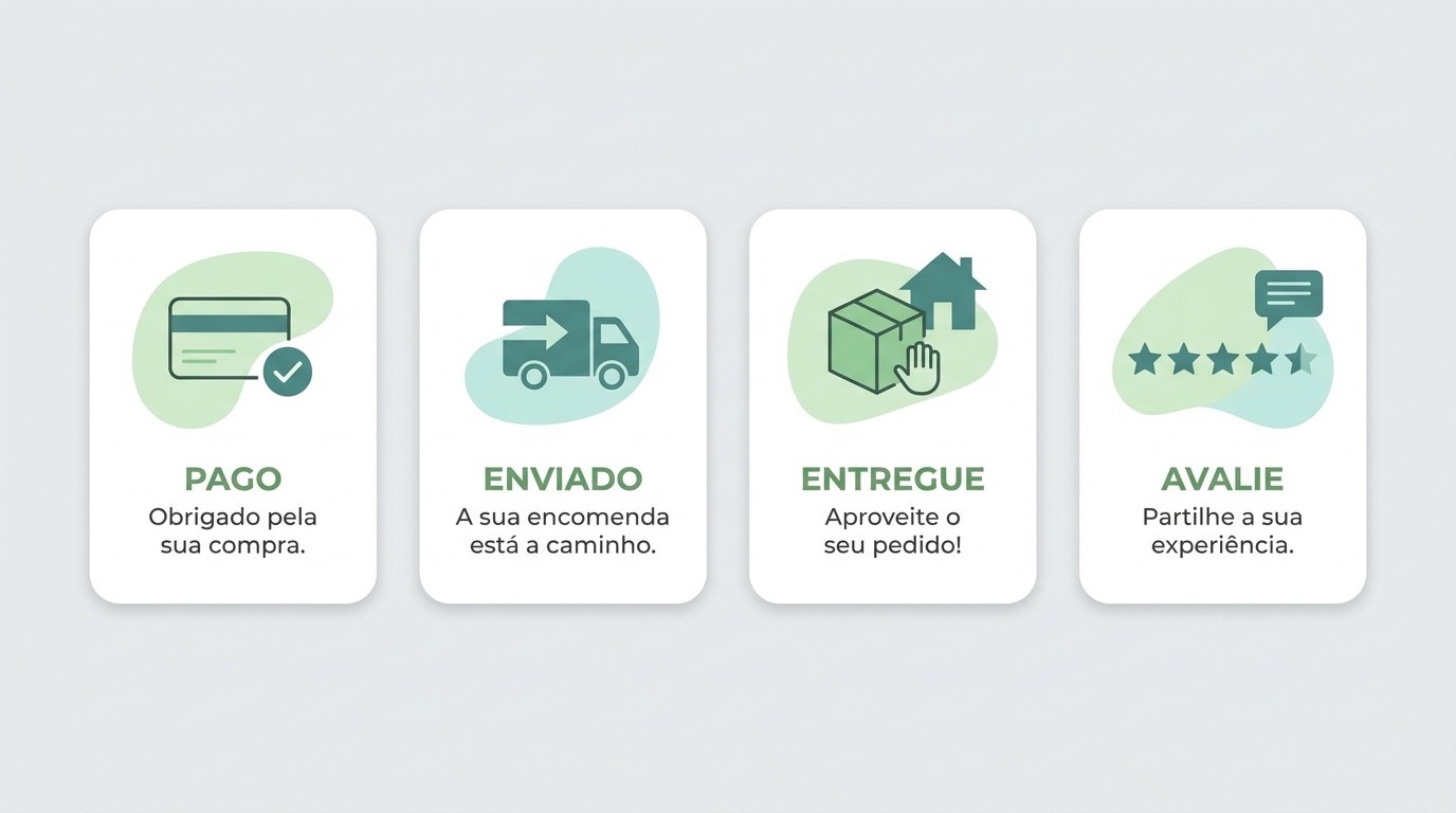 Quatro cartões com mensagens WhatsApp para pagamento, envio, entrega e avaliação