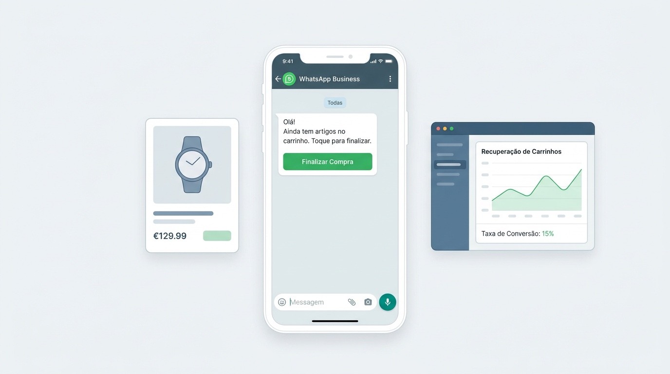 Painel da app WhatsApp Business na Shopkit ao lado de um iPhone com mensagem de carrinho abandonado