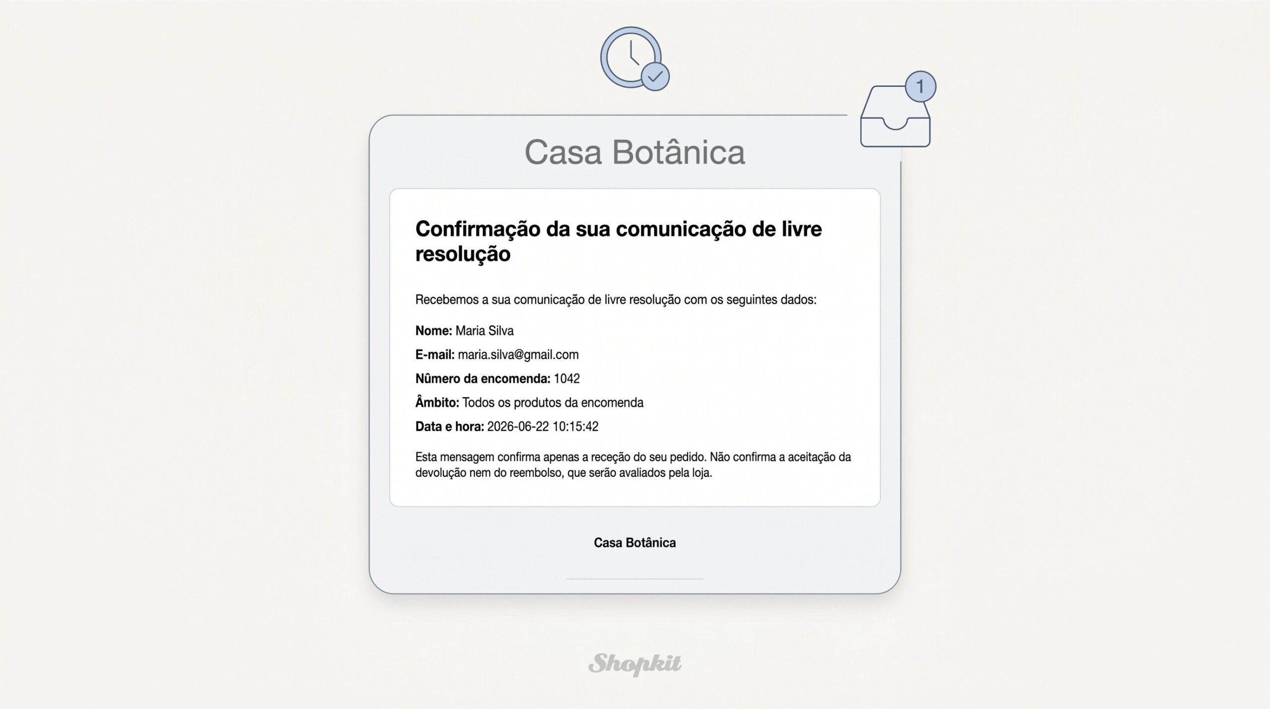 E-mail de confirmação ao cliente com prova do pedido de livre resolução